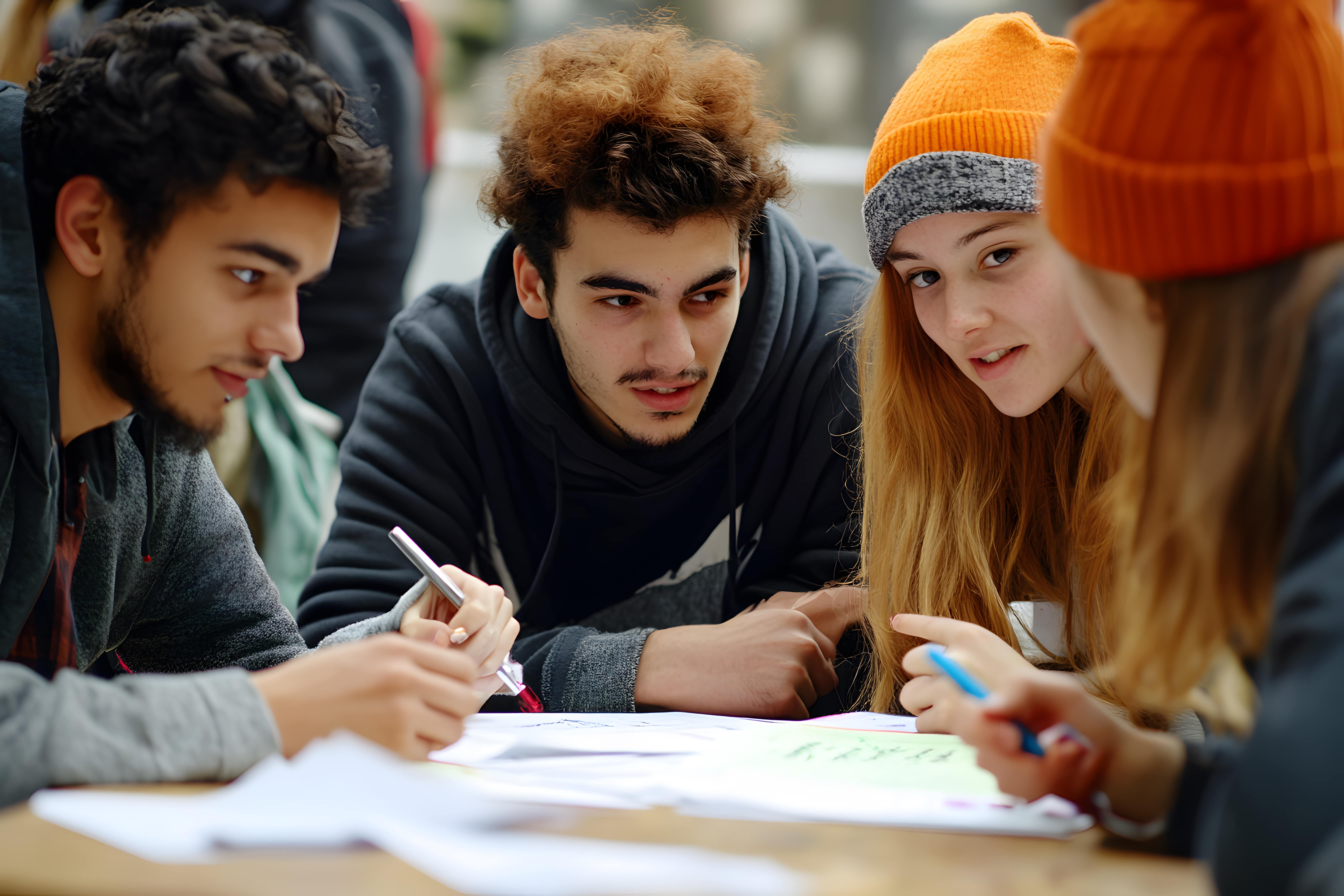 Monarch students gathered around assignment outside on campus.