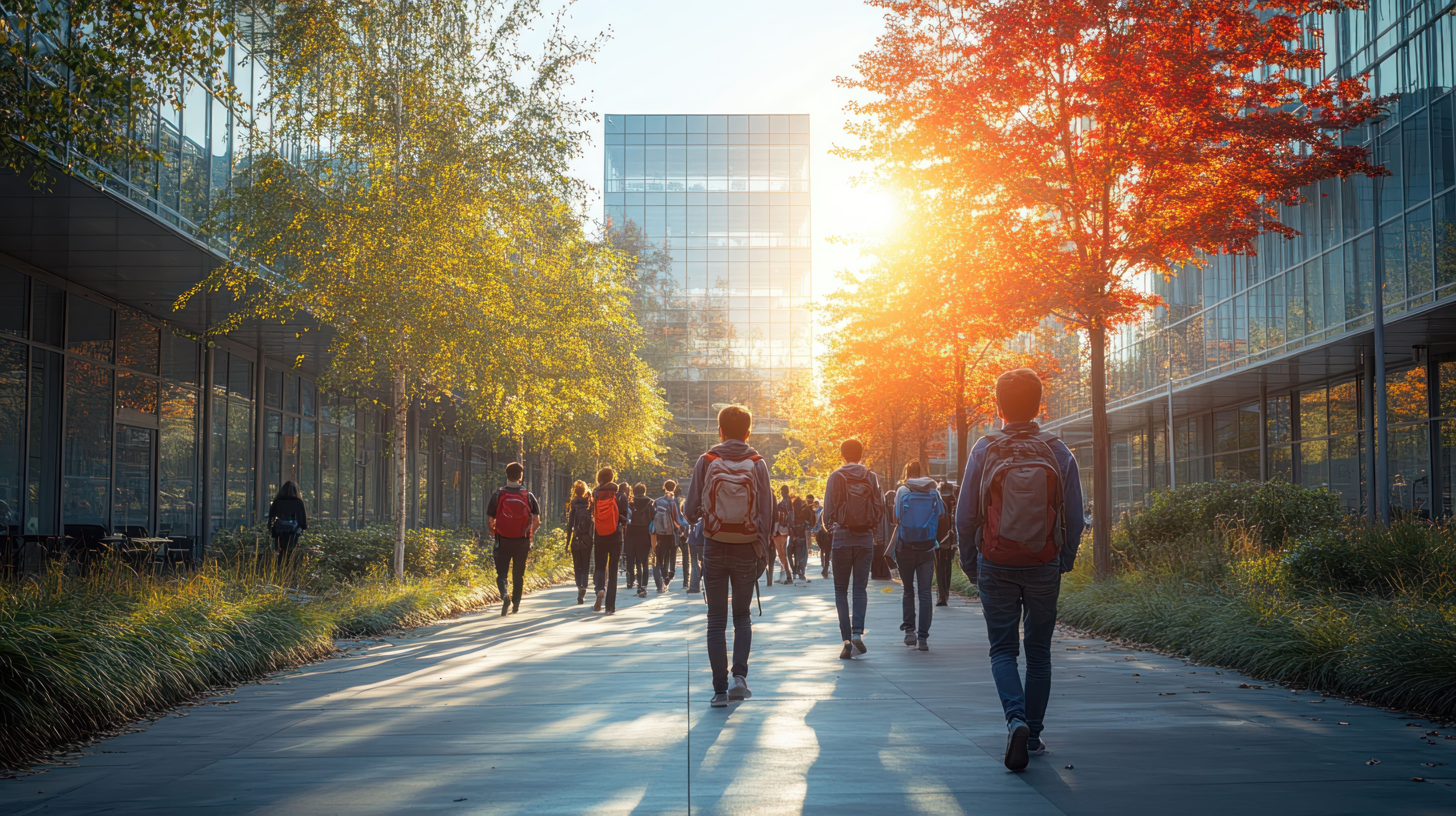 two students walking on A-Walk amid blue skies and tulips, city skyscrapers in the background